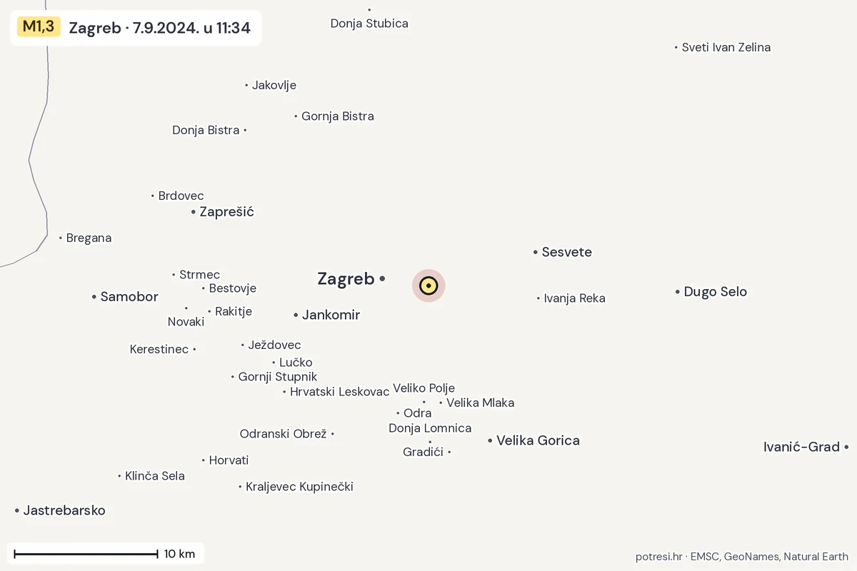 Karta: okolica epicentra, 60 km, potres M1,3, Zagreb, 7.9.2024.