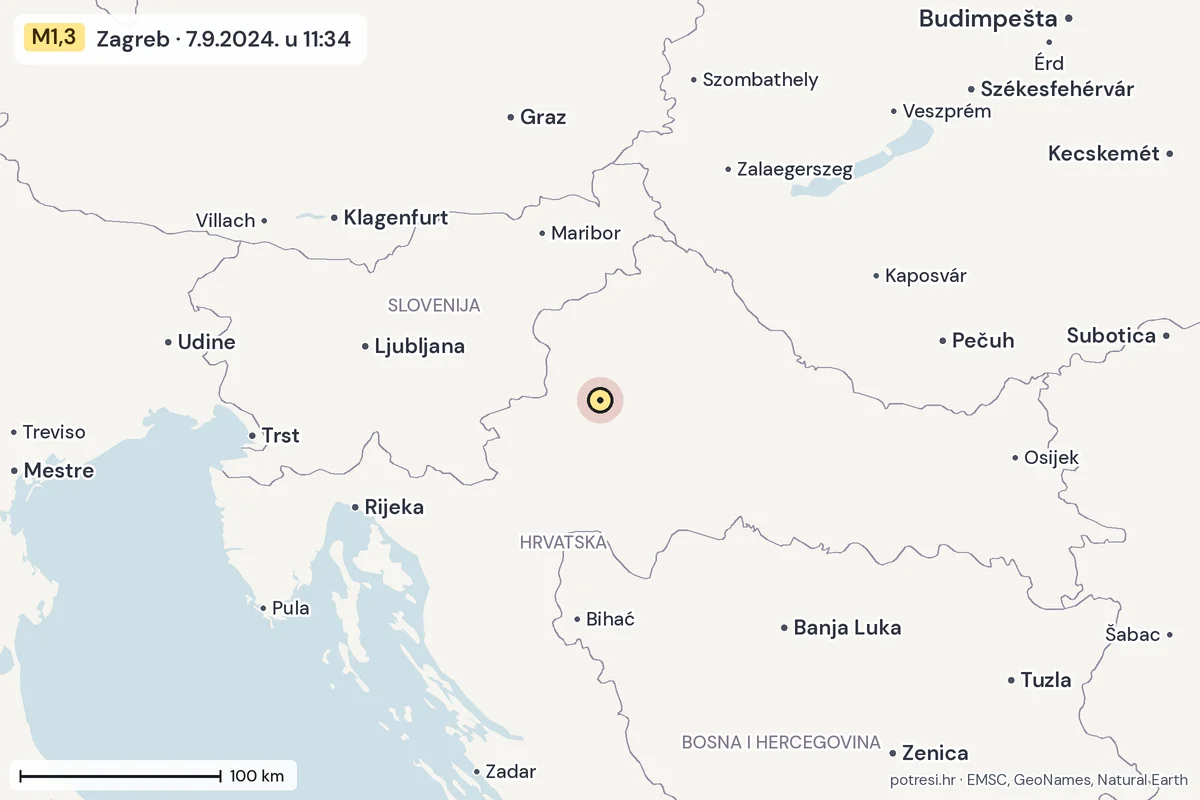 Karta: šire područje, 600 km, potres M1,3, Zagreb, 7.9.2024.