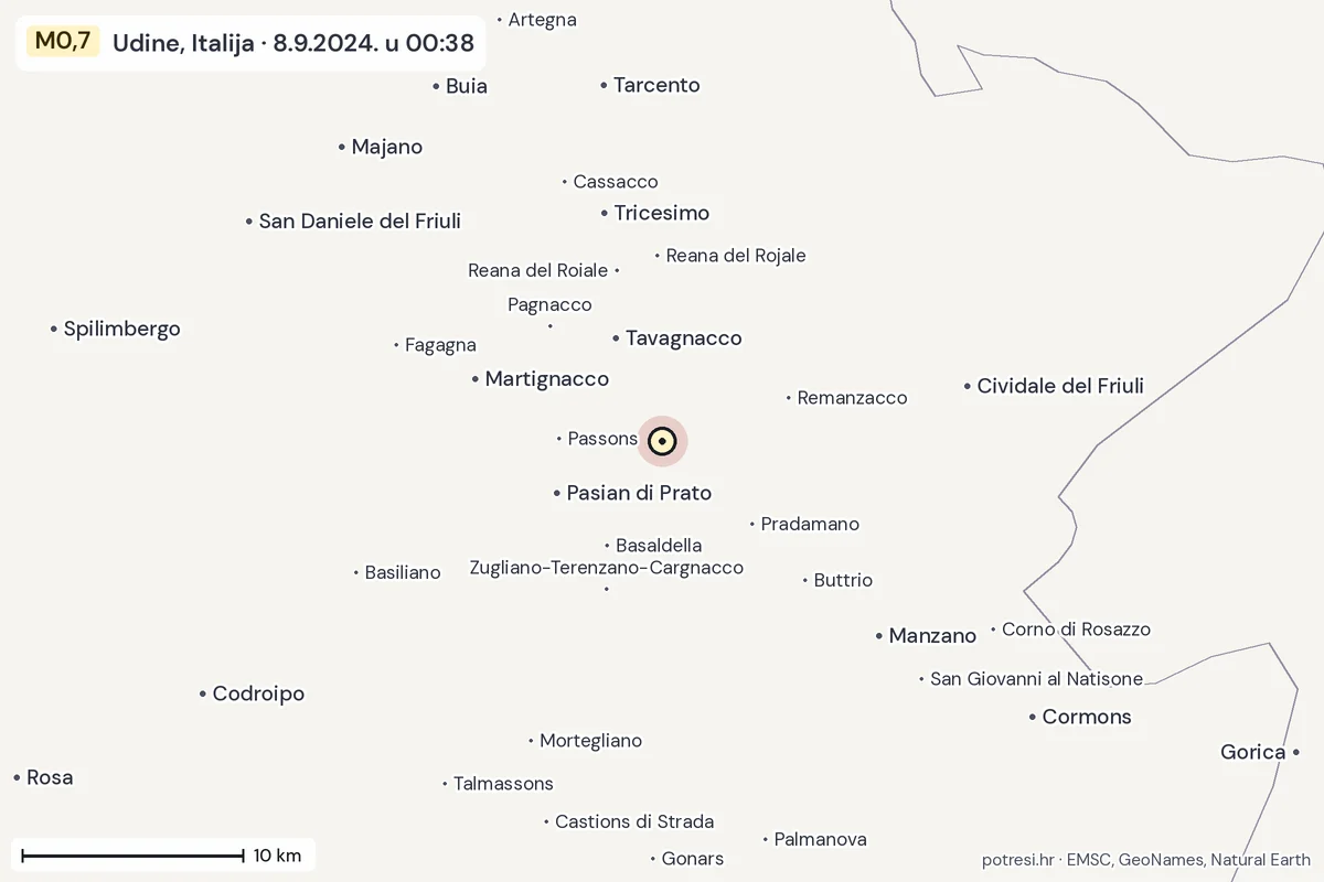 Karta: okolica epicentra, 60 km, potres M0,7, Udine, Italija, 8.9.2024.