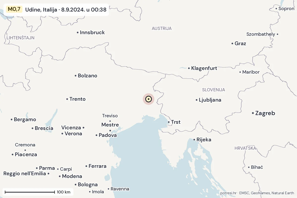 Karta: šire područje, 600 km, potres M0,7, Udine, Italija, 8.9.2024.