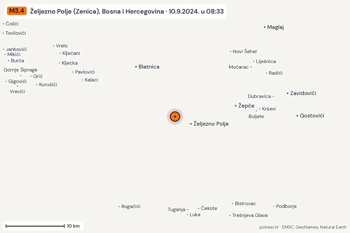 Karta: okolica epicentra, 60 km, potres M3,4, Željezno Polje (Zenica), Bosna i Hercegovina, 10.9.2024.