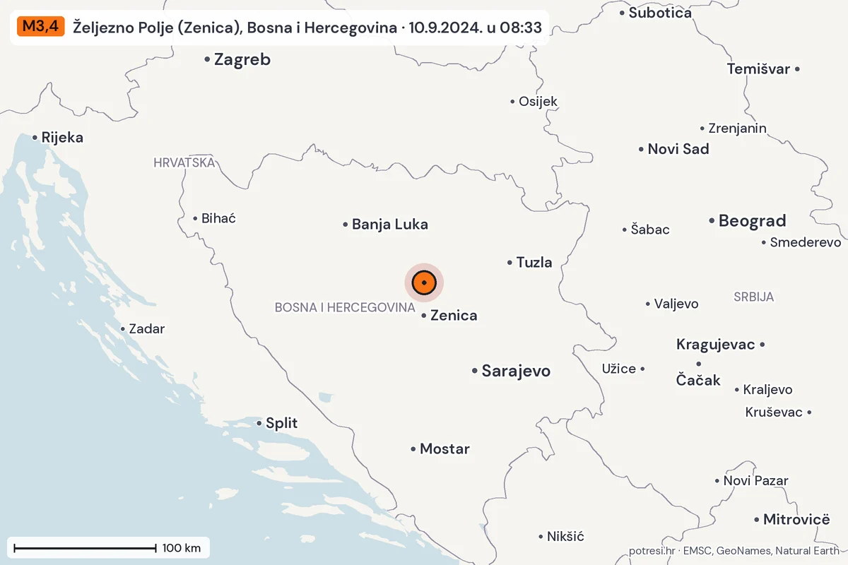 Karta: šire područje, 600 km, potres M3,4, Željezno Polje (Zenica), Bosna i Hercegovina, 10.9.2024.