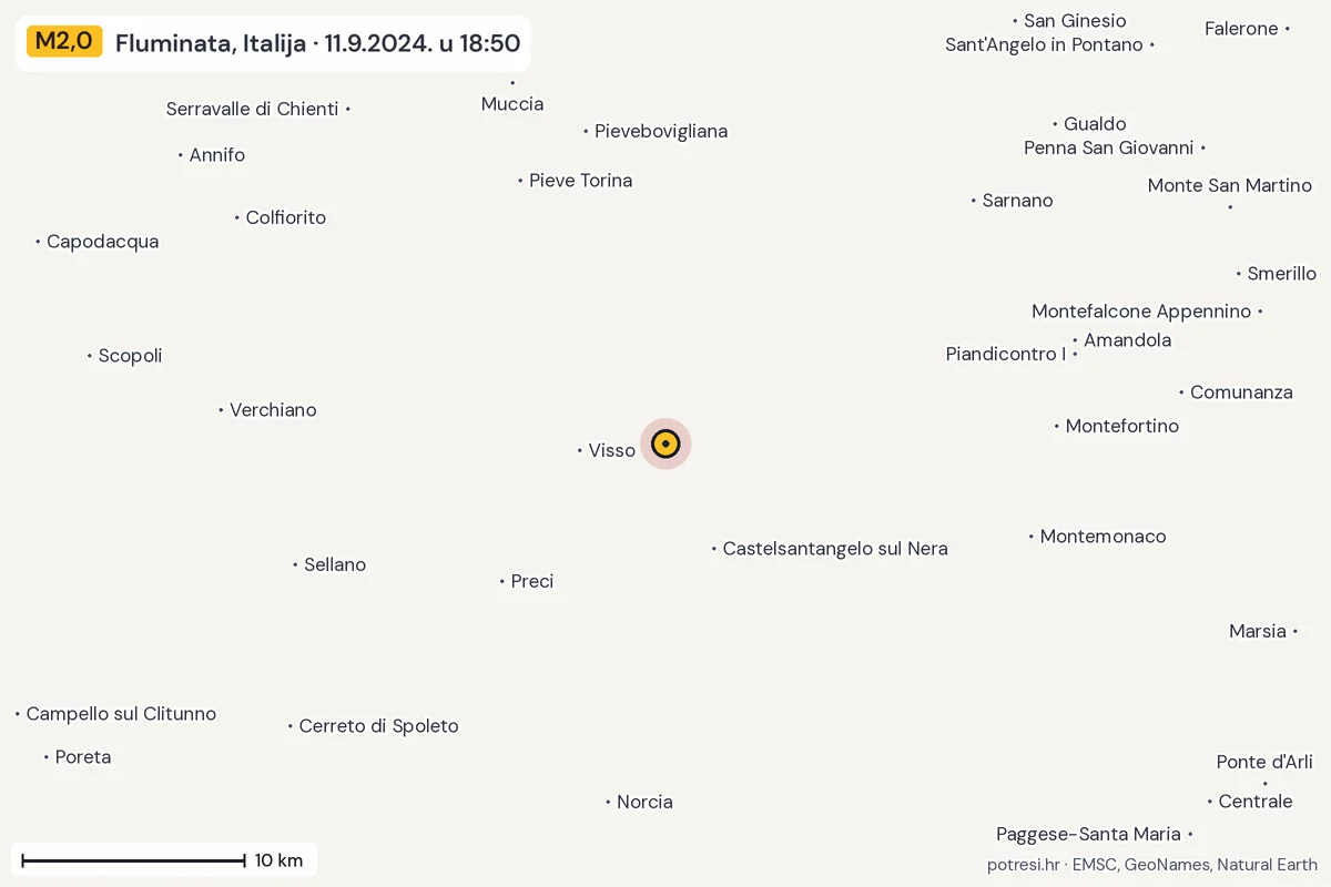Karta: okolica epicentra, 60 km, potres M2,0, Fluminata, Italija, 11.9.2024.