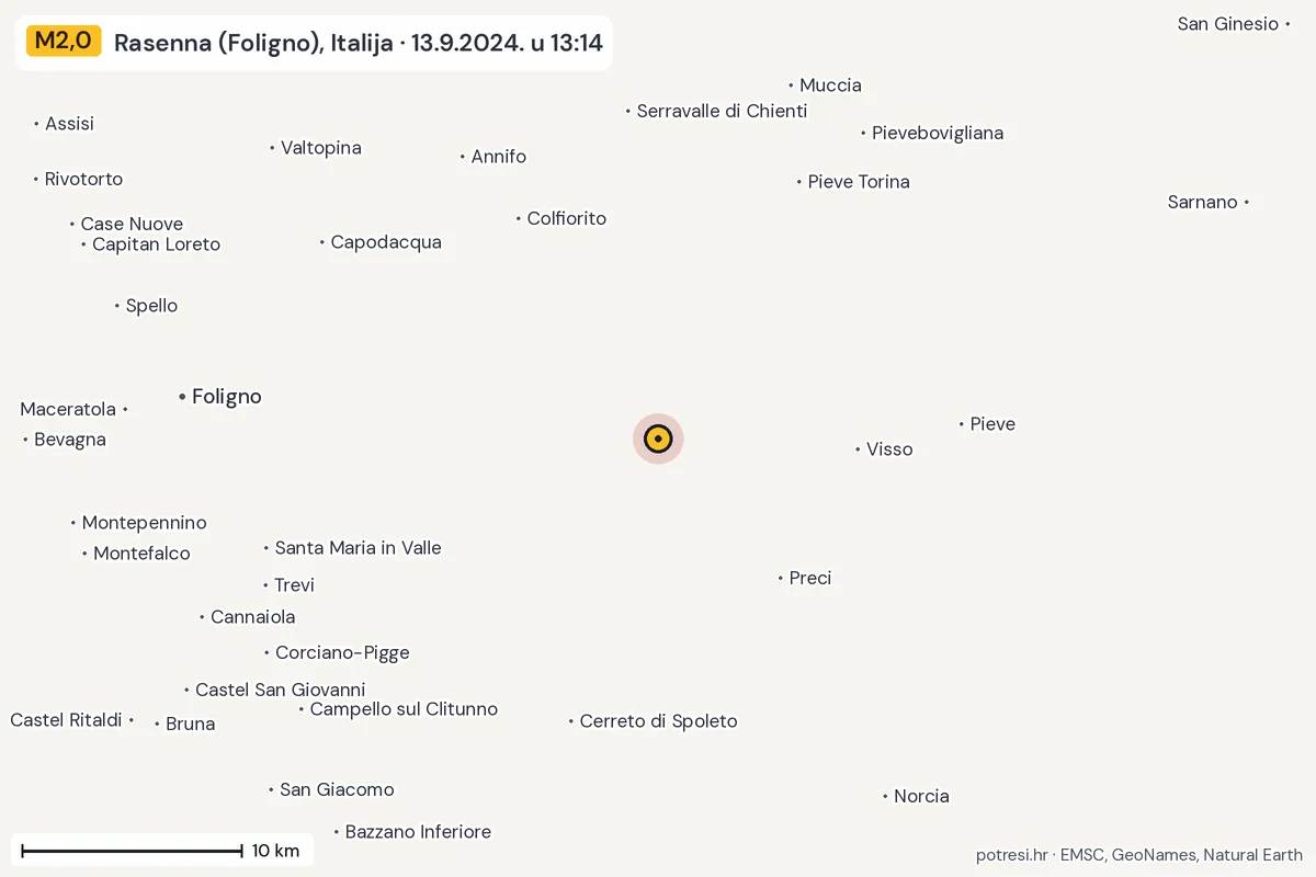 Karta: okolica epicentra, 60 km, potres M2,0, Rasenna (Foligno), Italija, 13.9.2024.