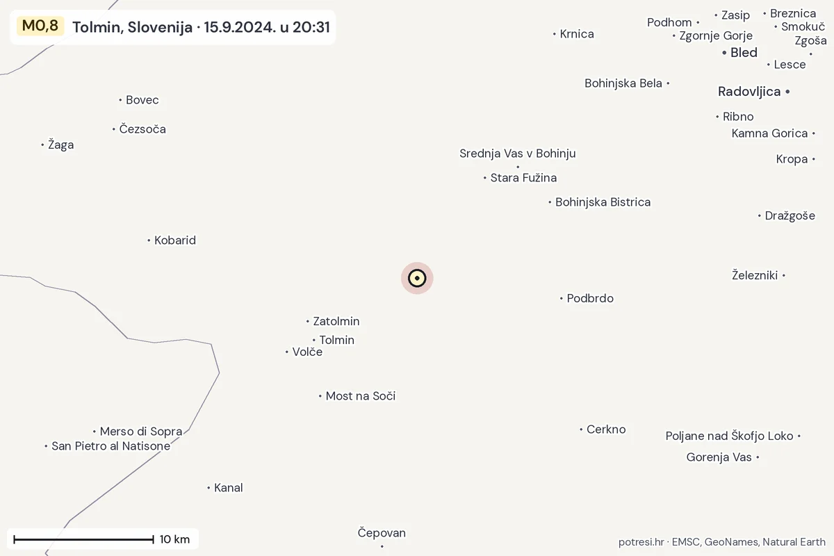 Karta: okolica epicentra, 60 km, potres M0,8, Tolmin, Slovenija, 15.9.2024.