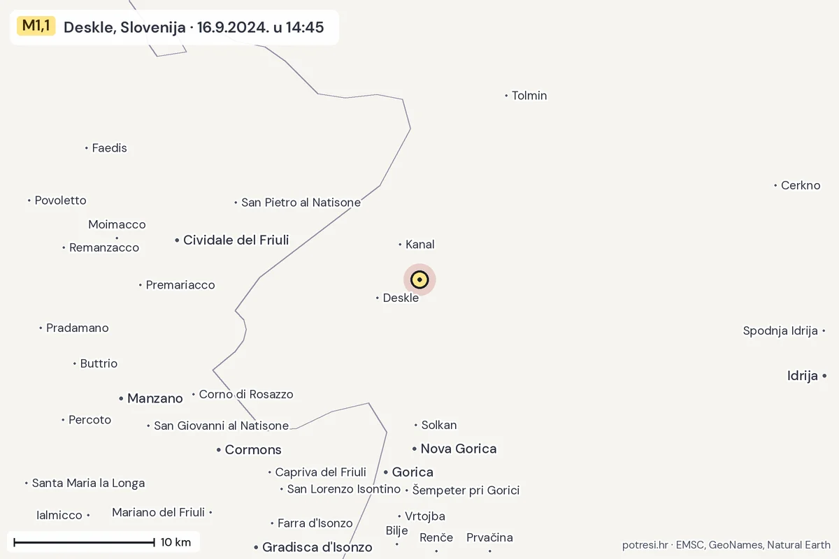 Karta: okolica epicentra, 60 km, potres M1,1, Deskle, Slovenija, 16.9.2024.