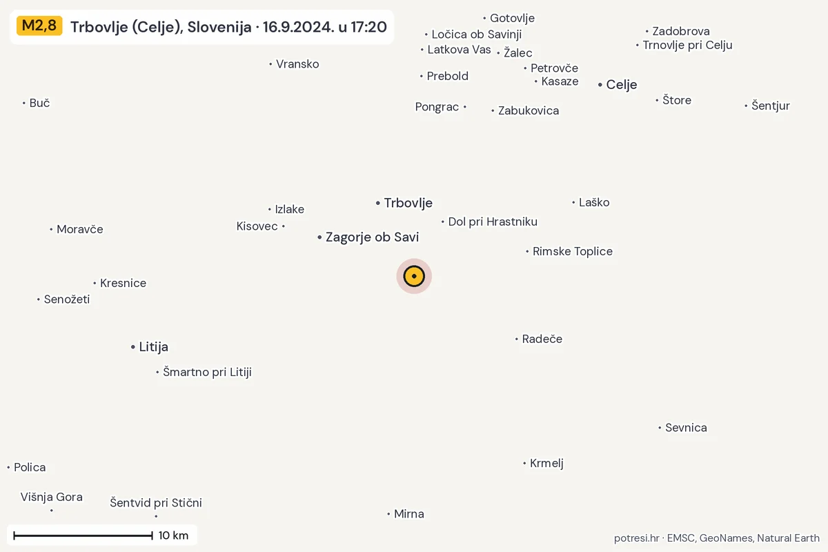 Karta: okolica epicentra, 60 km, potres M2,8, Trbovlje (Celje), Slovenija, 16.9.2024.