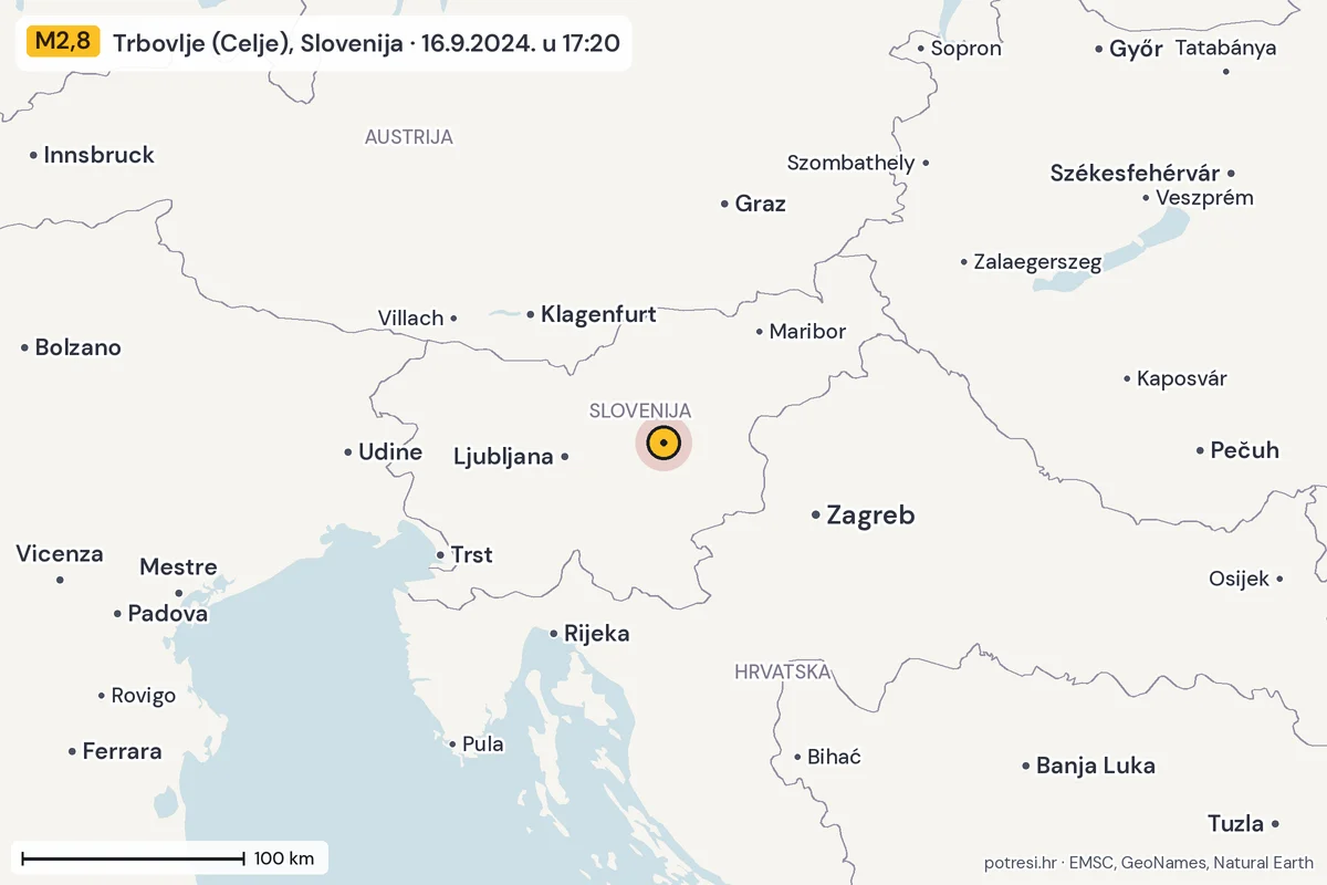 Karta: šire područje, 600 km, potres M2,8, Trbovlje (Celje), Slovenija, 16.9.2024.
