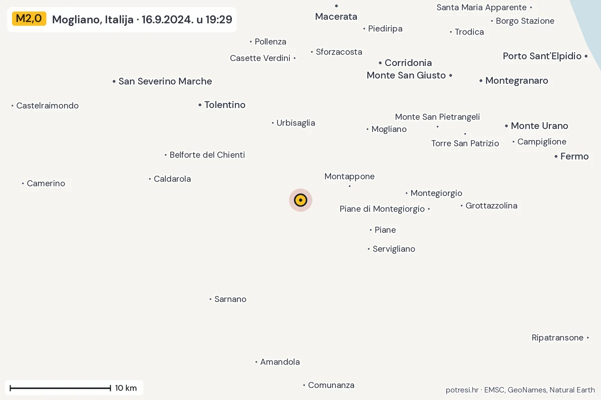 Karta: okolica epicentra, 60 km, potres M2,0, Mogliano, Italija, 16.9.2024.