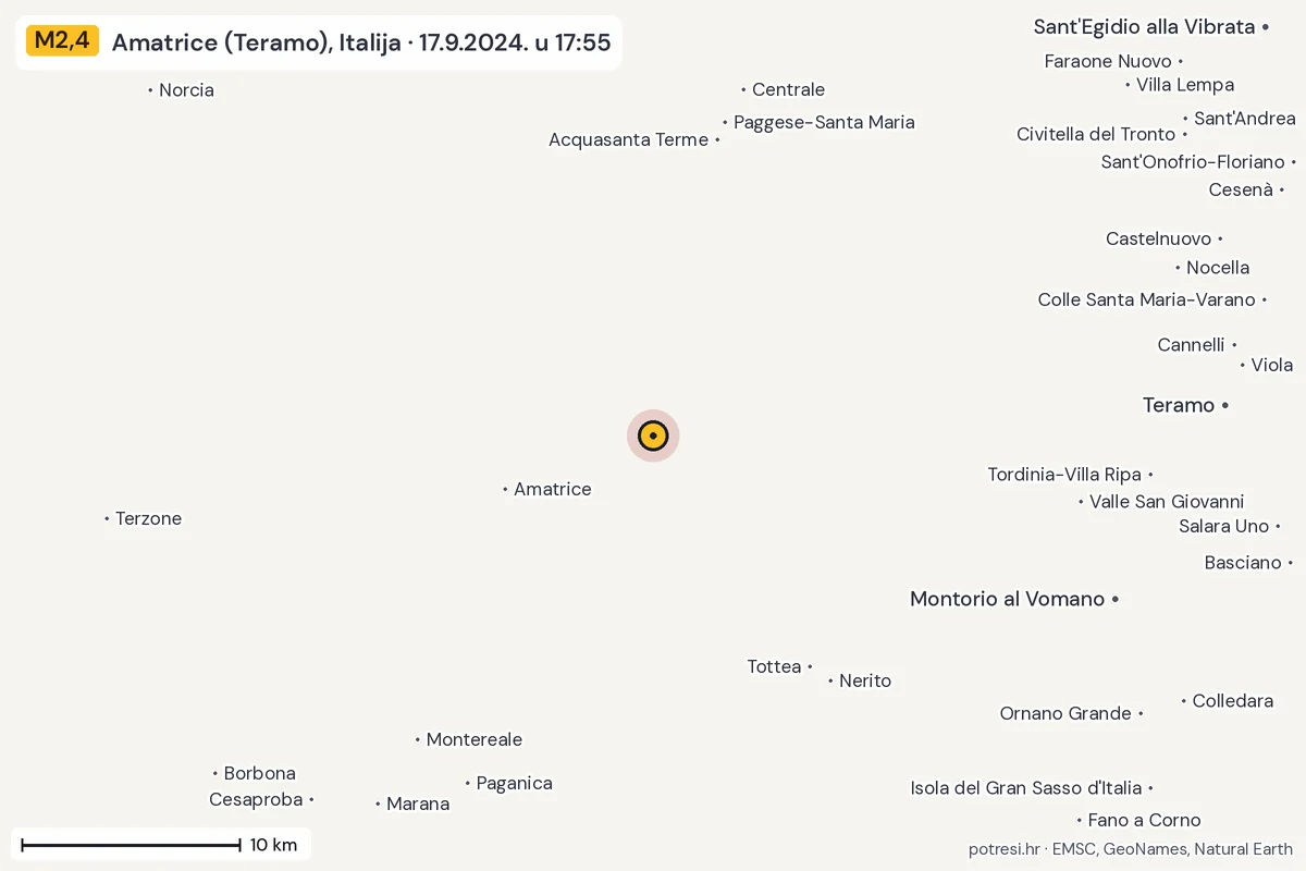 Karta: okolica epicentra, 60 km, potres M2,4, Amatrice (Teramo), Italija, 17.9.2024.