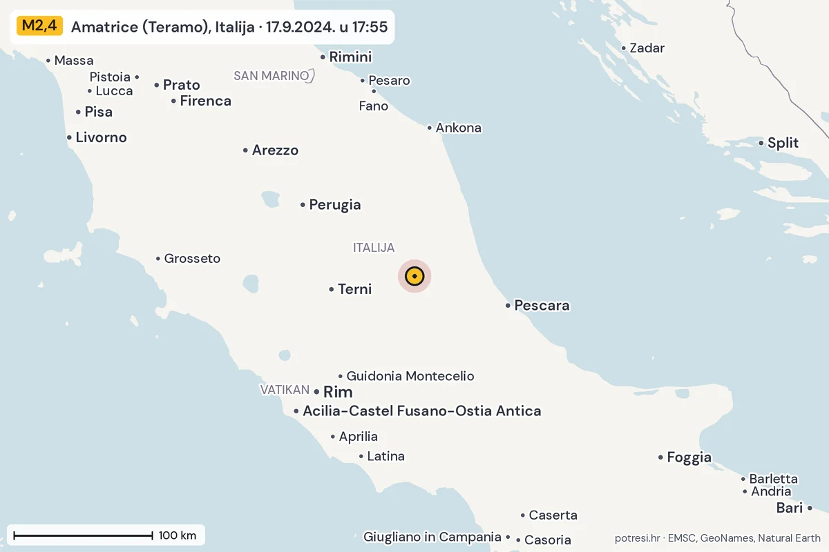 Karta: šire područje, 600 km, potres M2,4, Amatrice (Teramo), Italija, 17.9.2024.