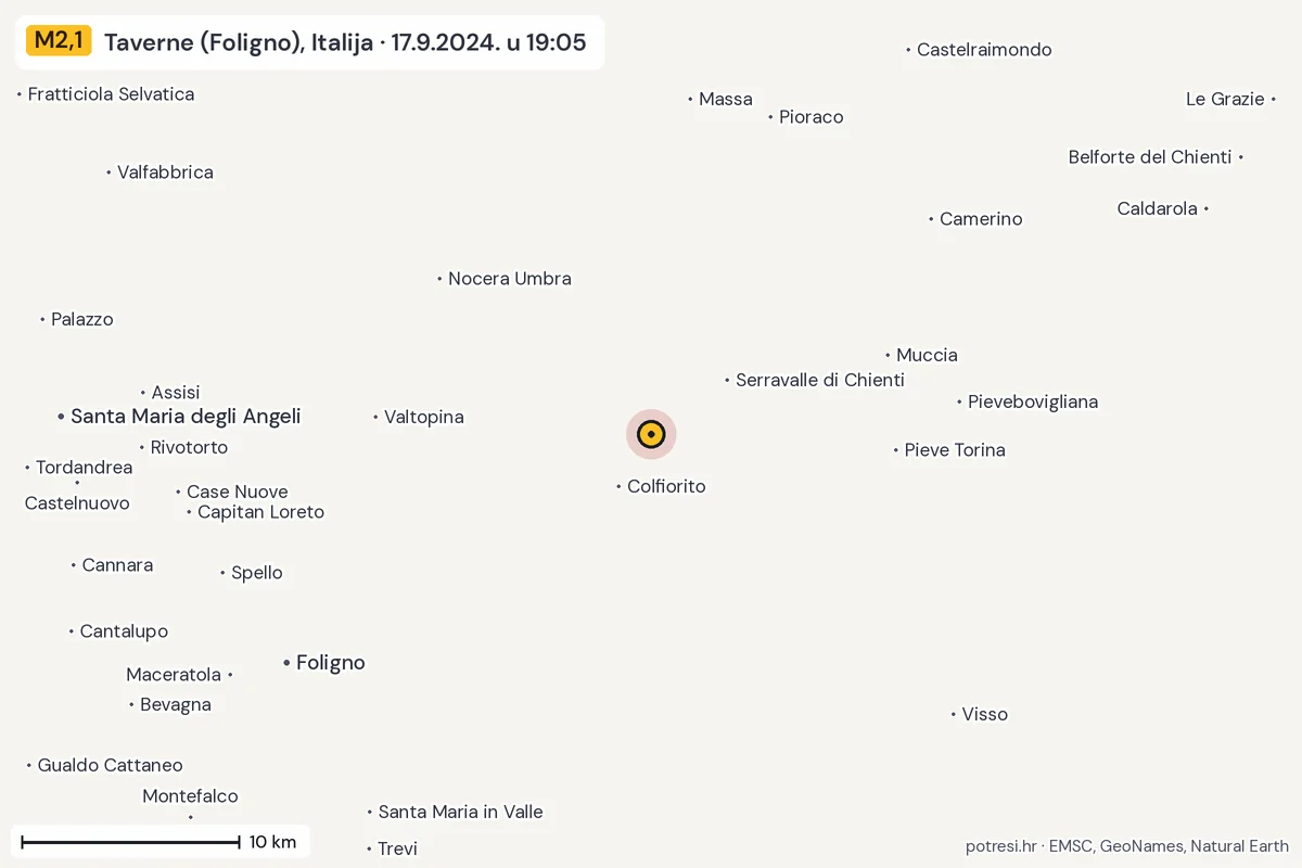 Karta: okolica epicentra, 60 km, potres M2,1, Taverne (Foligno), Italija, 17.9.2024.