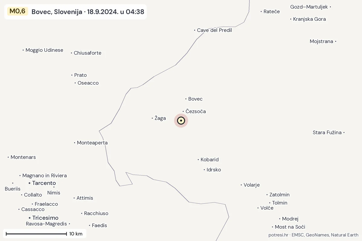 Karta: okolica epicentra, 60 km, potres M0,6, Bovec, Slovenija, 18.9.2024.