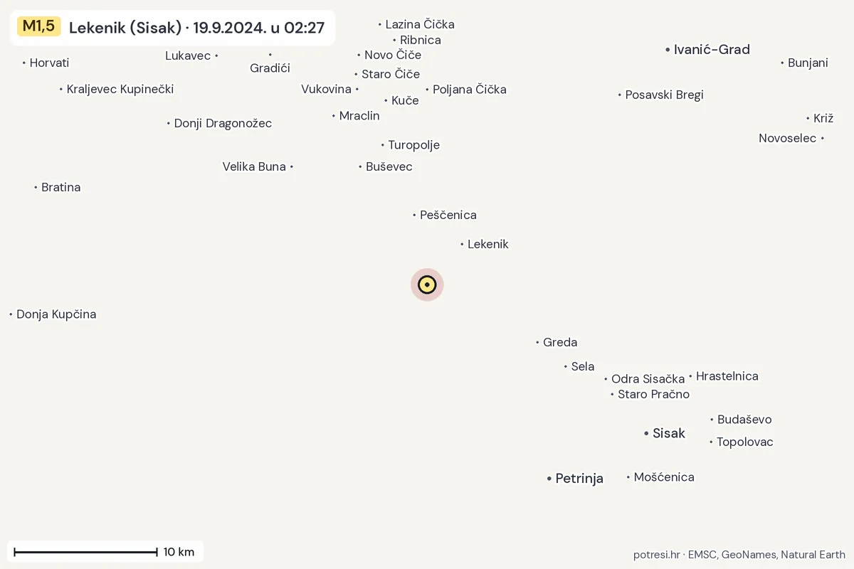 Karta: okolica epicentra, 60 km, potres M1,5, Lekenik (Sisak), 19.9.2024.