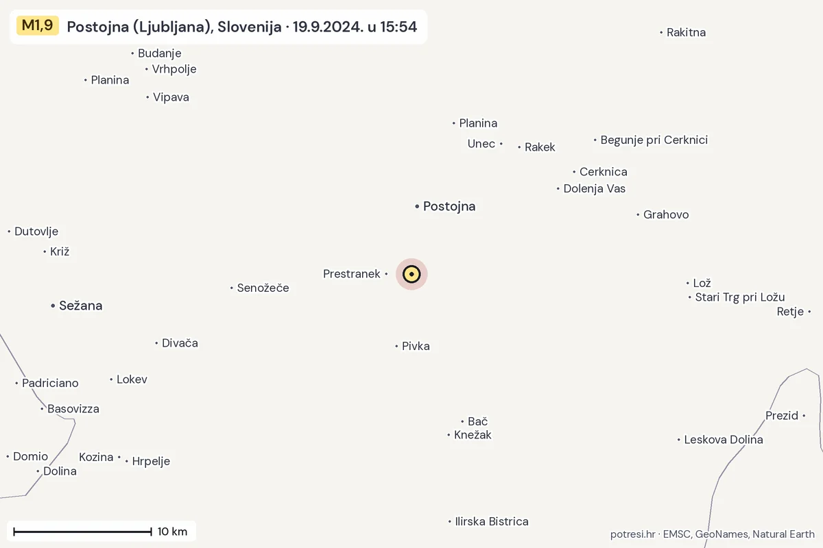 Karta: okolica epicentra, 60 km, potres M1,9, Postojna (Ljubljana), Slovenija, 19.9.2024.