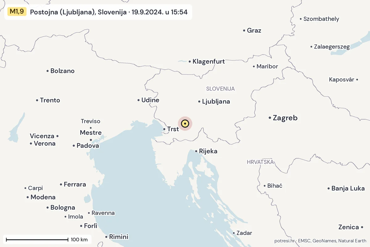 Karta: šire područje, 600 km, potres M1,9, Postojna (Ljubljana), Slovenija, 19.9.2024.