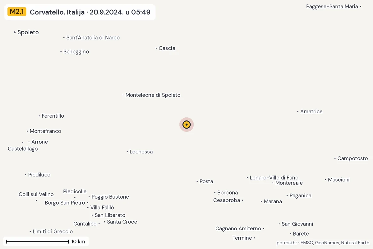 Karta: okolica epicentra, 60 km, potres M2,1, Corvatello, Italija, 20.9.2024.