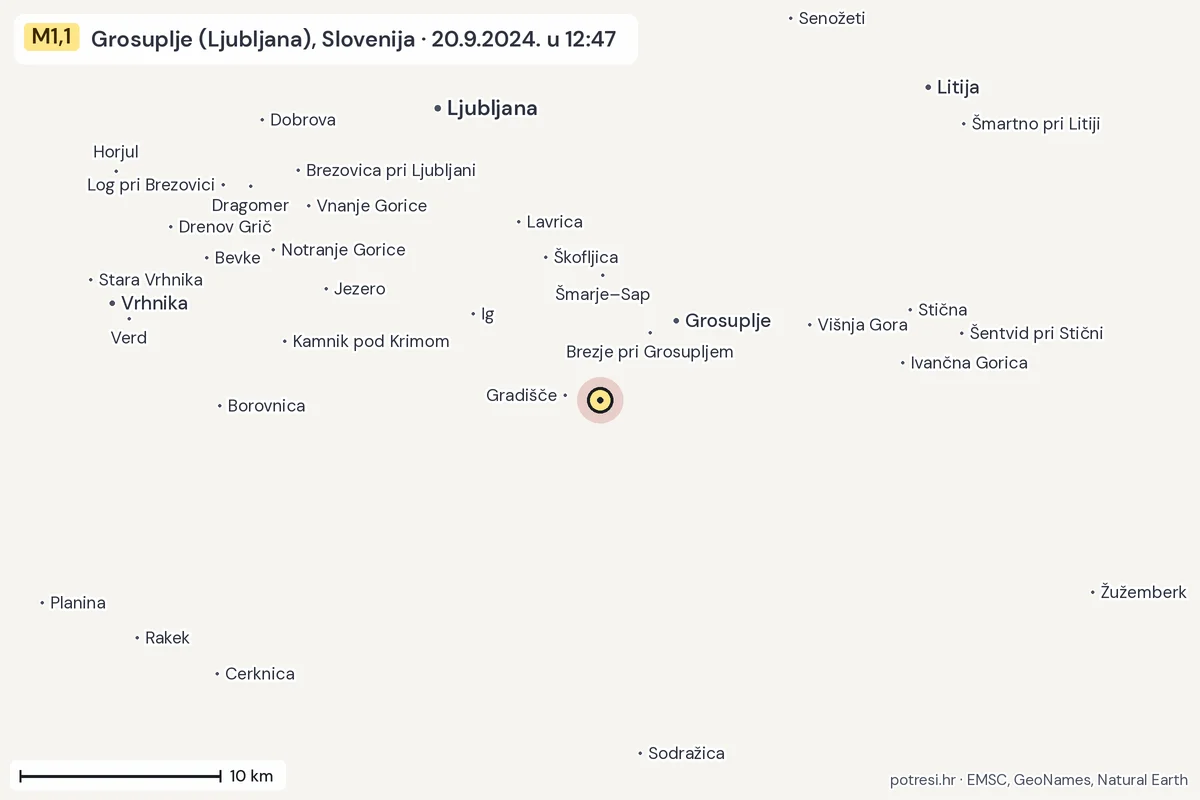 Karta: okolica epicentra, 60 km, potres M1,1, Grosuplje (Ljubljana), Slovenija, 20.9.2024.