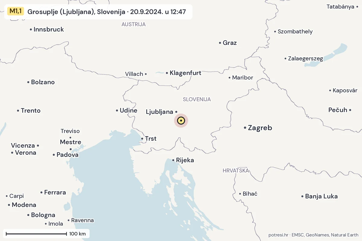 Karta: šire područje, 600 km, potres M1,1, Grosuplje (Ljubljana), Slovenija, 20.9.2024.