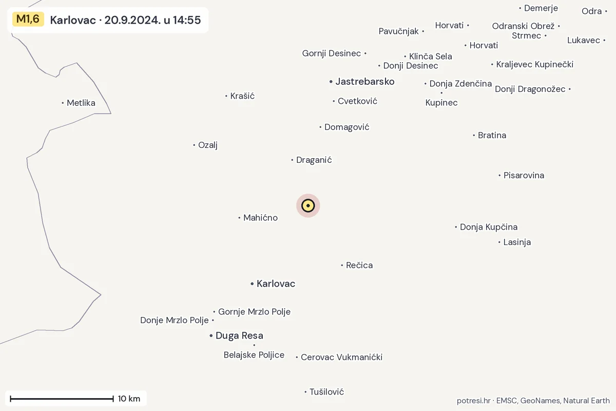 Karta: okolica epicentra, 60 km, potres M1,6, Karlovac, 20.9.2024.