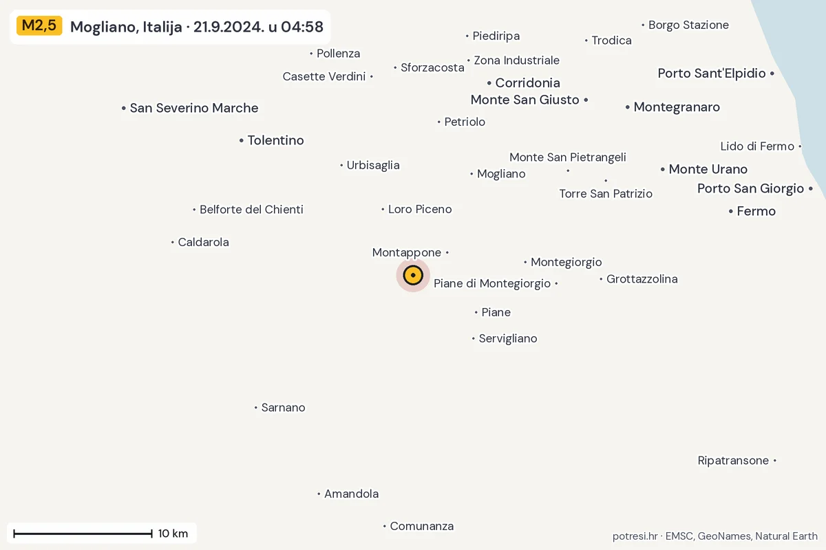 Karta: okolica epicentra, 60 km, potres M2,5, Mogliano, Italija, 21.9.2024.