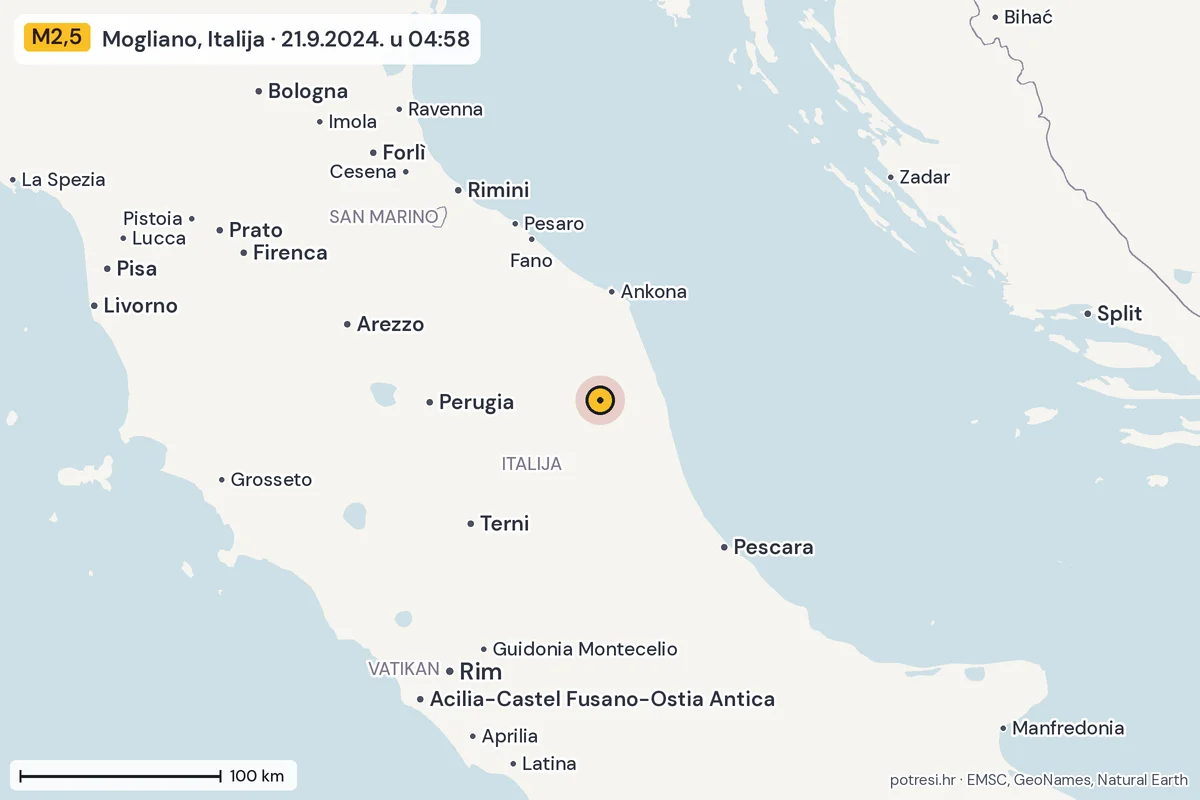 Karta: šire područje, 600 km, potres M2,5, Mogliano, Italija, 21.9.2024.