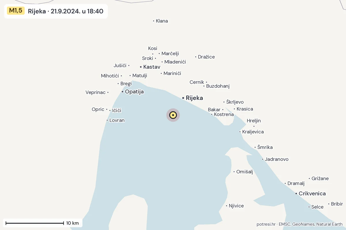 Karta: okolica epicentra, 60 km, potres M1,5, Rijeka, 21.9.2024.