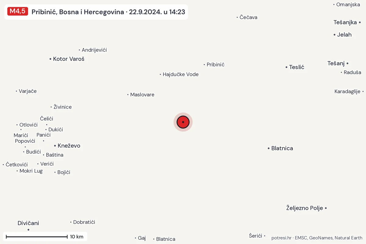 Karta: okolica epicentra, 60 km, potres M4,5, Pribinić, Bosna i Hercegovina, 22.9.2024.