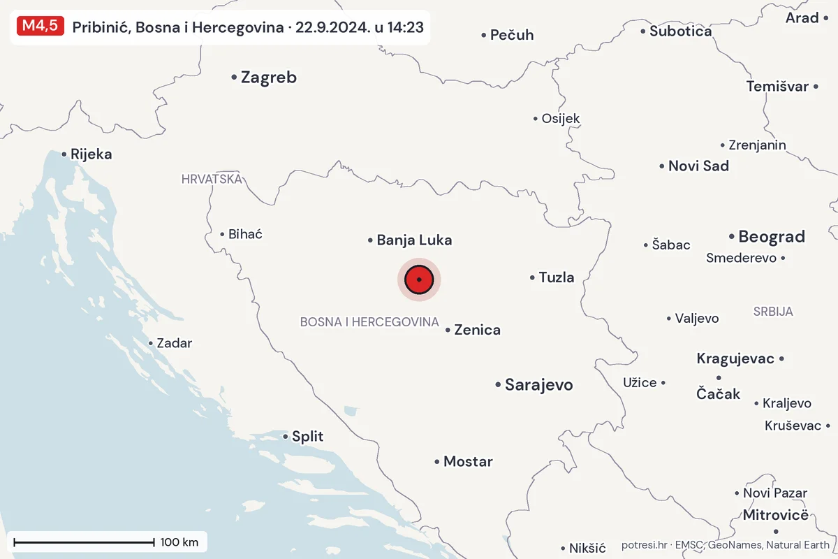 Karta: šire područje, 600 km, potres M4,5, Pribinić, Bosna i Hercegovina, 22.9.2024.