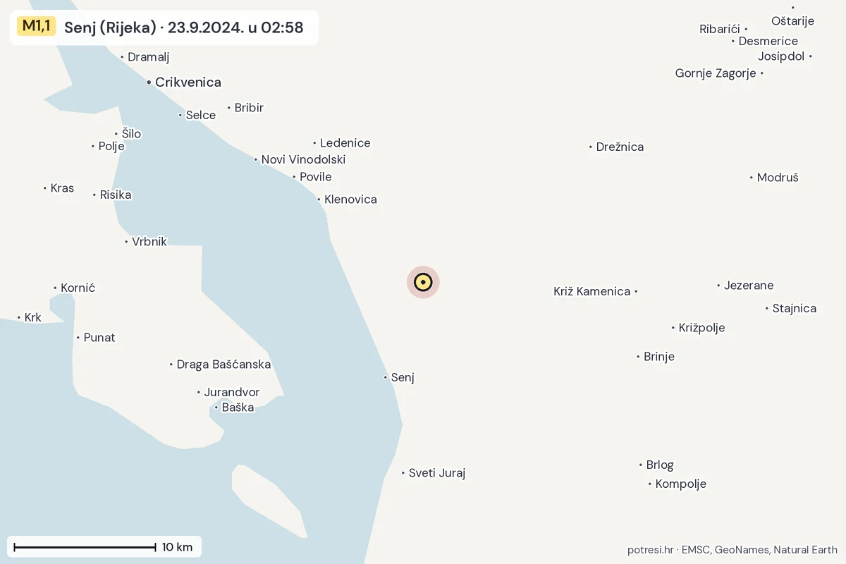 Karta: okolica epicentra, 60 km, potres M1,1, Senj (Rijeka), 23.9.2024.