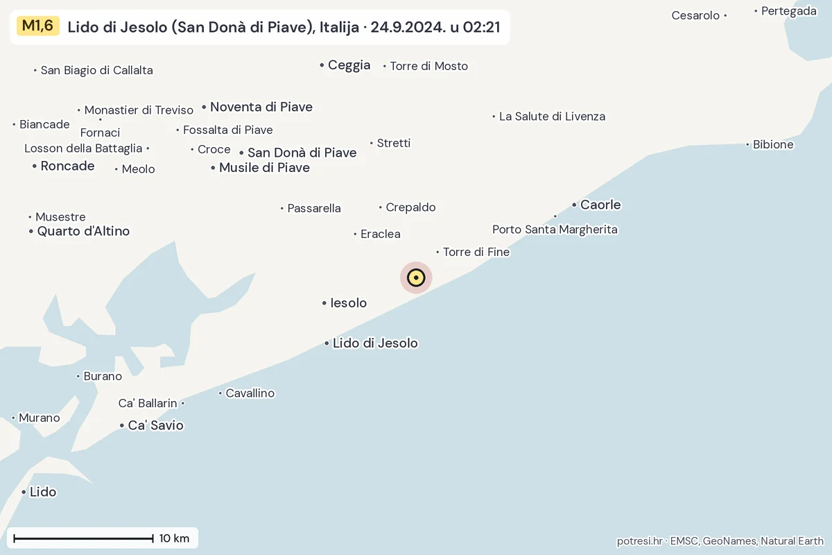 Karta: okolica epicentra, 60 km, potres M1,6, Lido di Jesolo (San Donà di Piave), Italija, 24.9.2024.