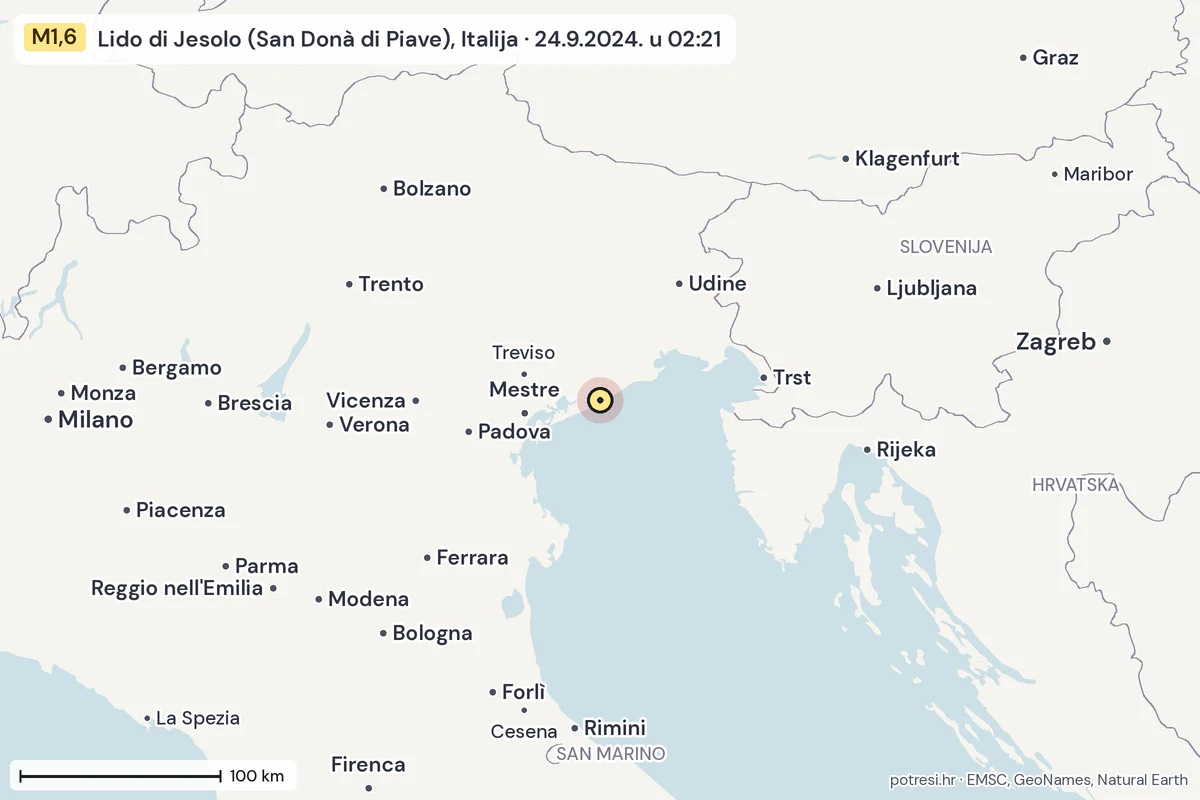 Karta: šire područje, 600 km, potres M1,6, Lido di Jesolo (San Donà di Piave), Italija, 24.9.2024.