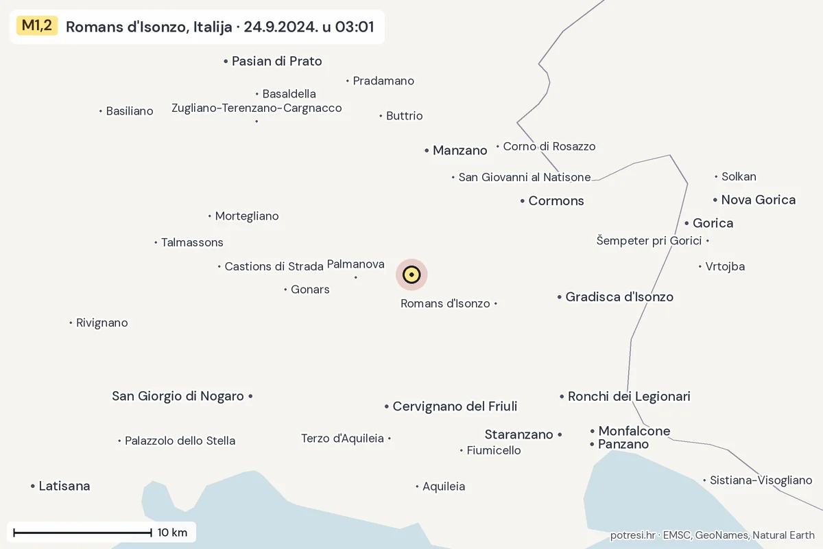 Karta: okolica epicentra, 60 km, potres M1,2, Romans d'Isonzo, Italija, 24.9.2024.
