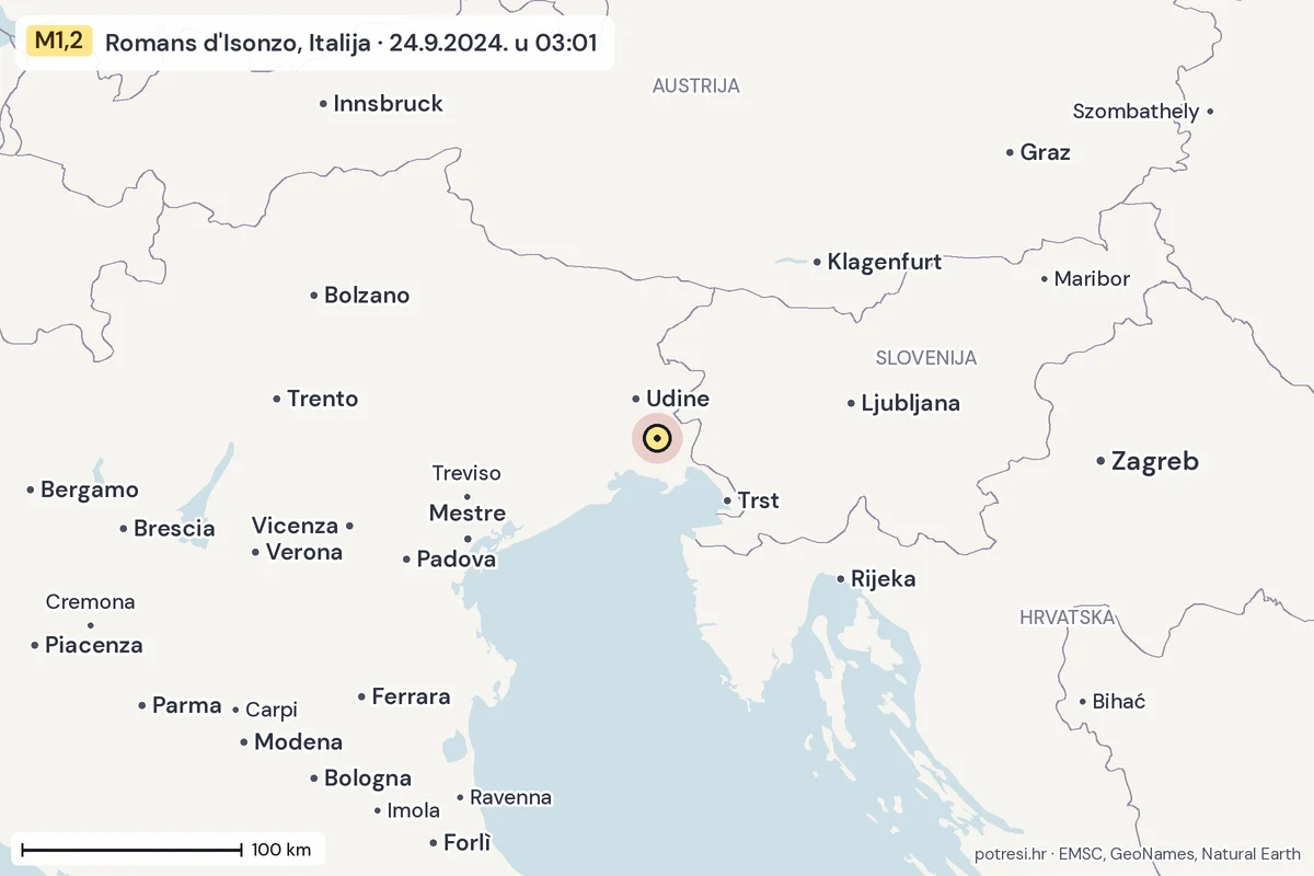 Karta: šire područje, 600 km, potres M1,2, Romans d'Isonzo, Italija, 24.9.2024.