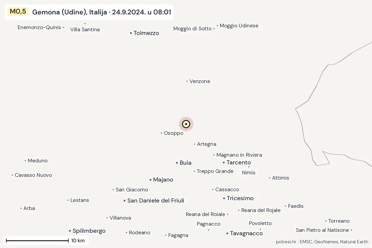 Karta: okolica epicentra, 60 km, potres M0,5, Gemona (Udine), Italija, 24.9.2024.