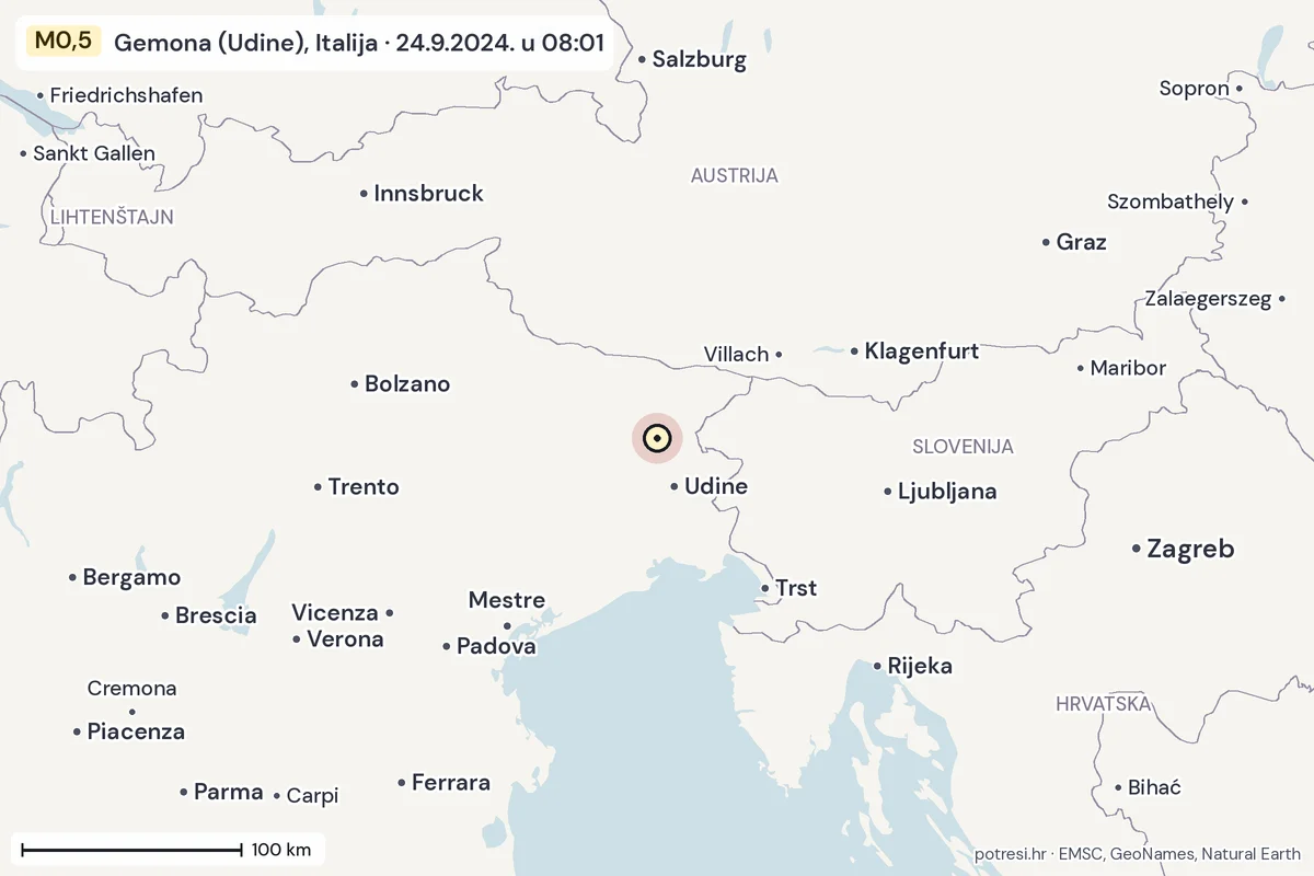 Karta: šire područje, 600 km, potres M0,5, Gemona (Udine), Italija, 24.9.2024.