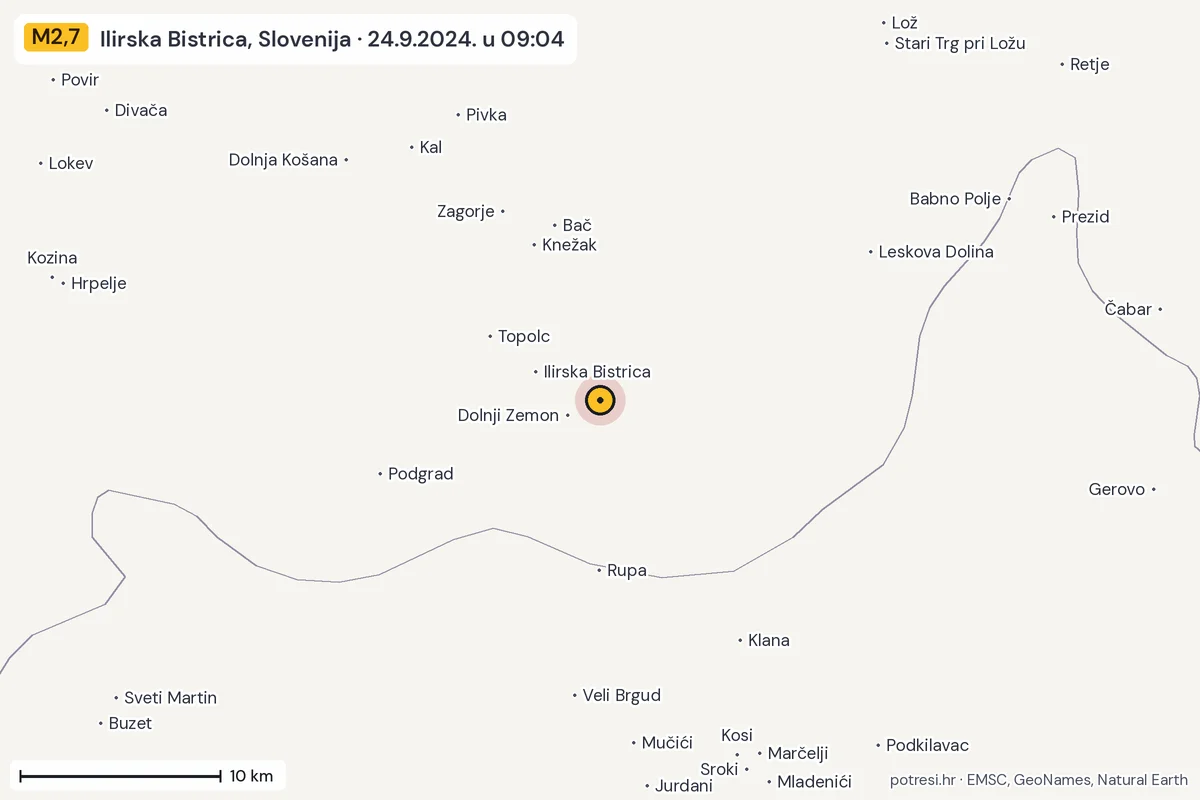 Karta: okolica epicentra, 60 km, potres M2,7, Ilirska Bistrica, Slovenija, 24.9.2024.