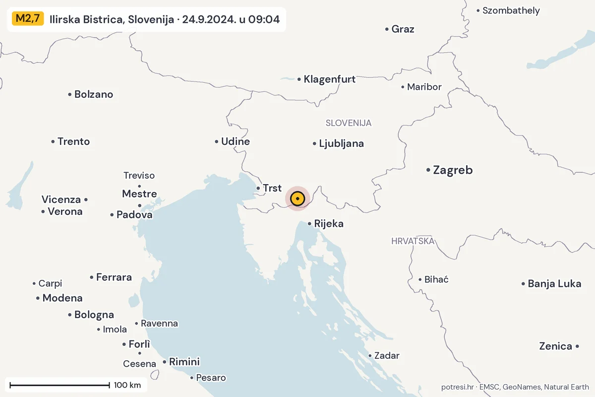 Karta: šire područje, 600 km, potres M2,7, Ilirska Bistrica, Slovenija, 24.9.2024.