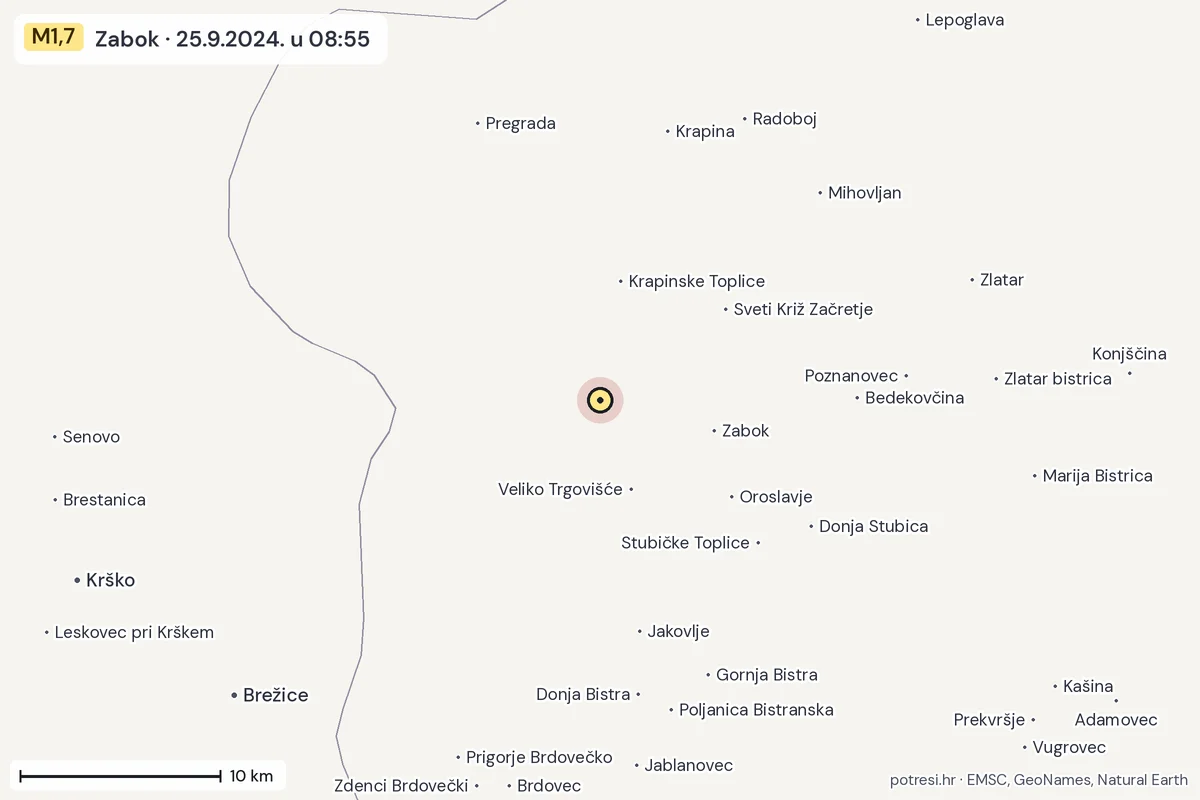 Karta: okolica epicentra, 60 km, potres M1,7, Zabok, 25.9.2024.