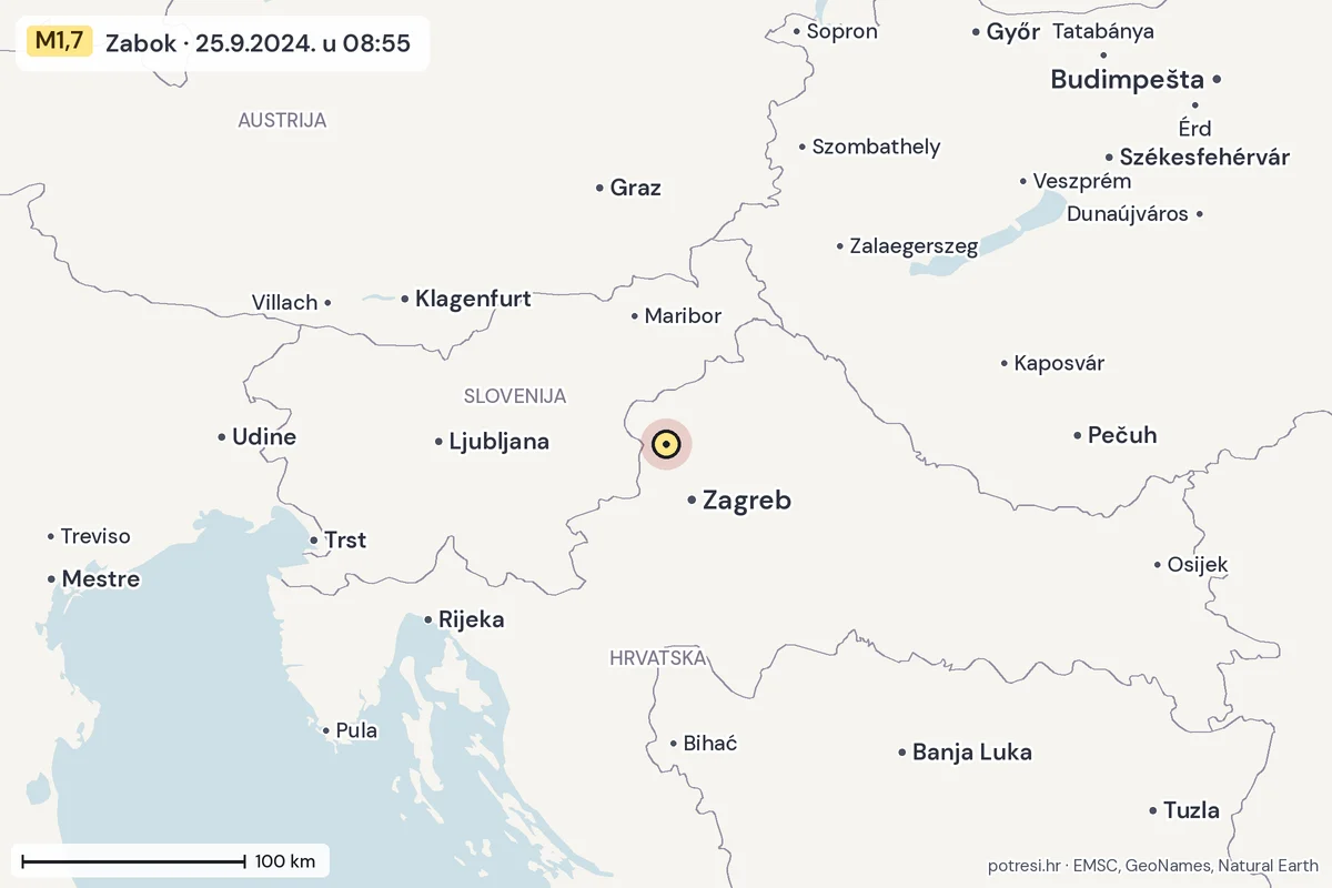 Karta: šire područje, 600 km, potres M1,7, Zabok, 25.9.2024.