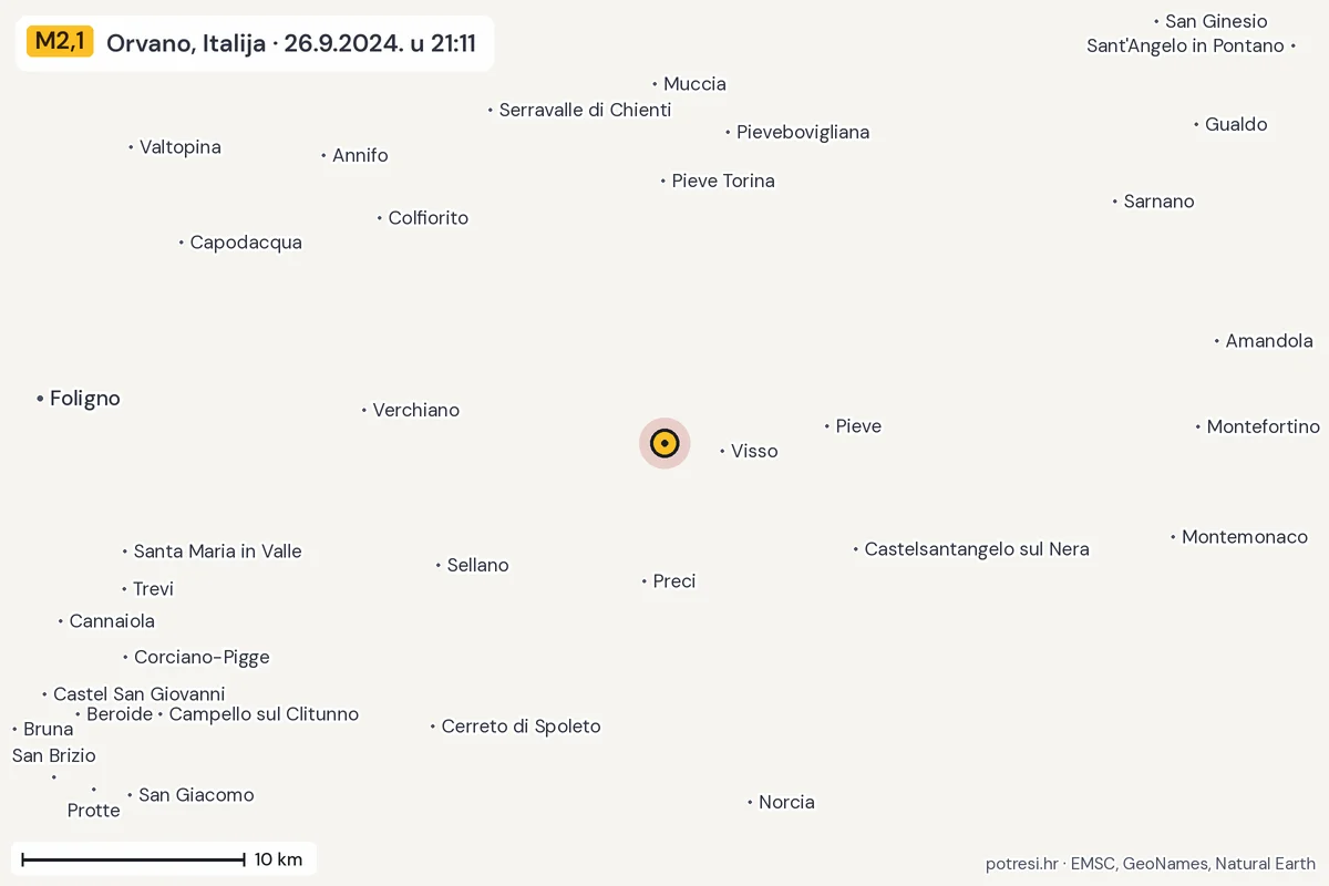 Karta: okolica epicentra, 60 km, potres M2,1, Orvano, Italija, 26.9.2024.