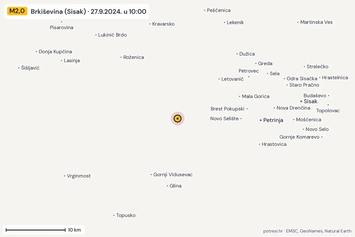 Karta: okolica epicentra, 60 km, potres M2,0, Brkiševina (Sisak), 27.9.2024.