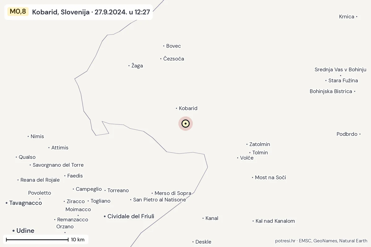Karta: okolica epicentra, 60 km, potres M0,8, Kobarid, Slovenija, 27.9.2024.