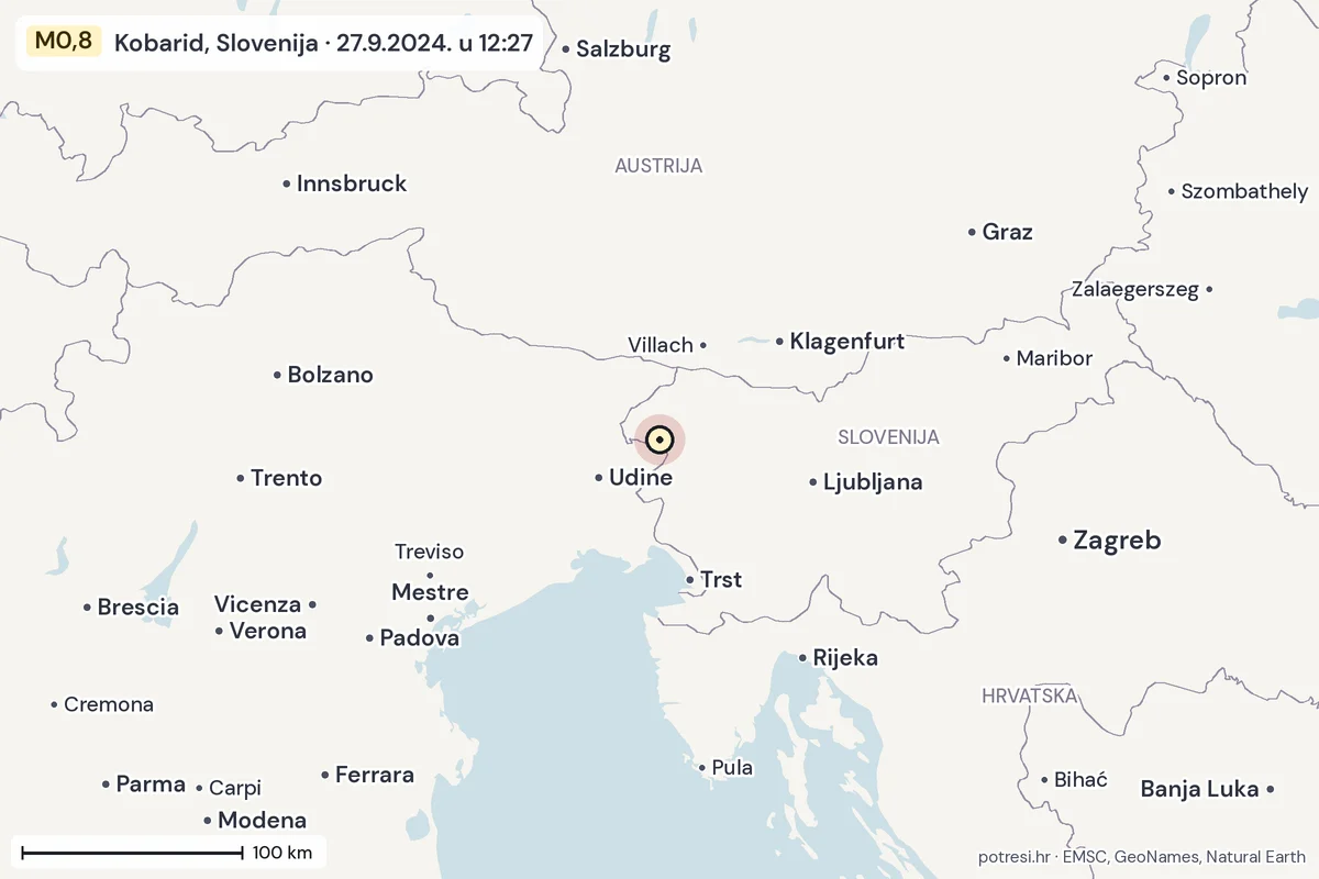 Karta: šire područje, 600 km, potres M0,8, Kobarid, Slovenija, 27.9.2024.