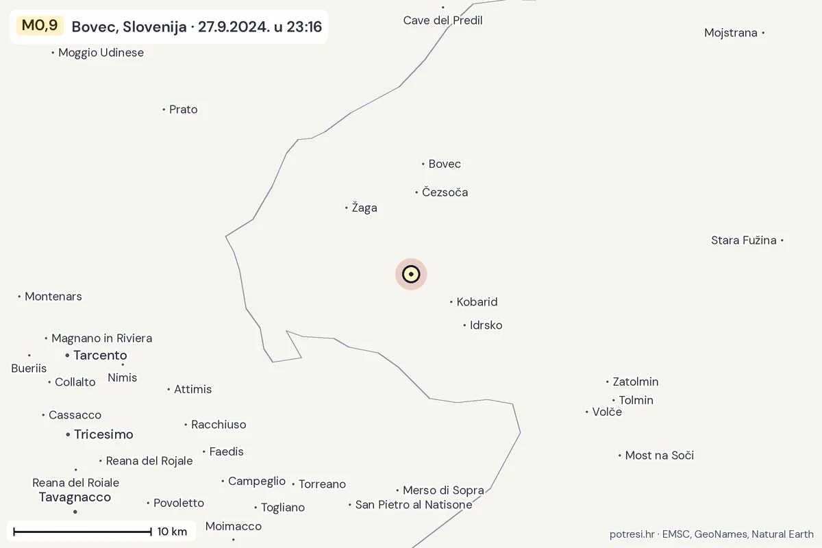 Karta: okolica epicentra, 60 km, potres M0,9, Bovec, Slovenija, 27.9.2024.