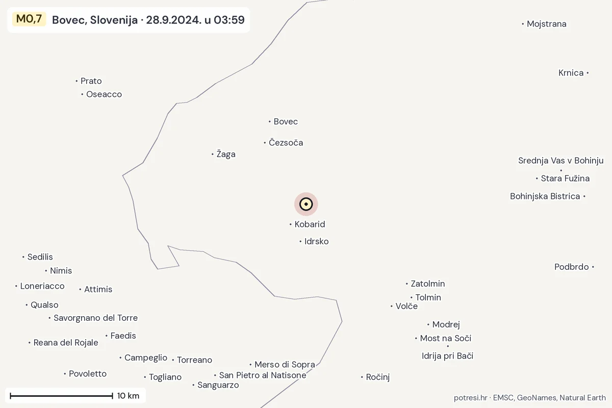 Karta: okolica epicentra, 60 km, potres M0,7, Bovec, Slovenija, 28.9.2024.