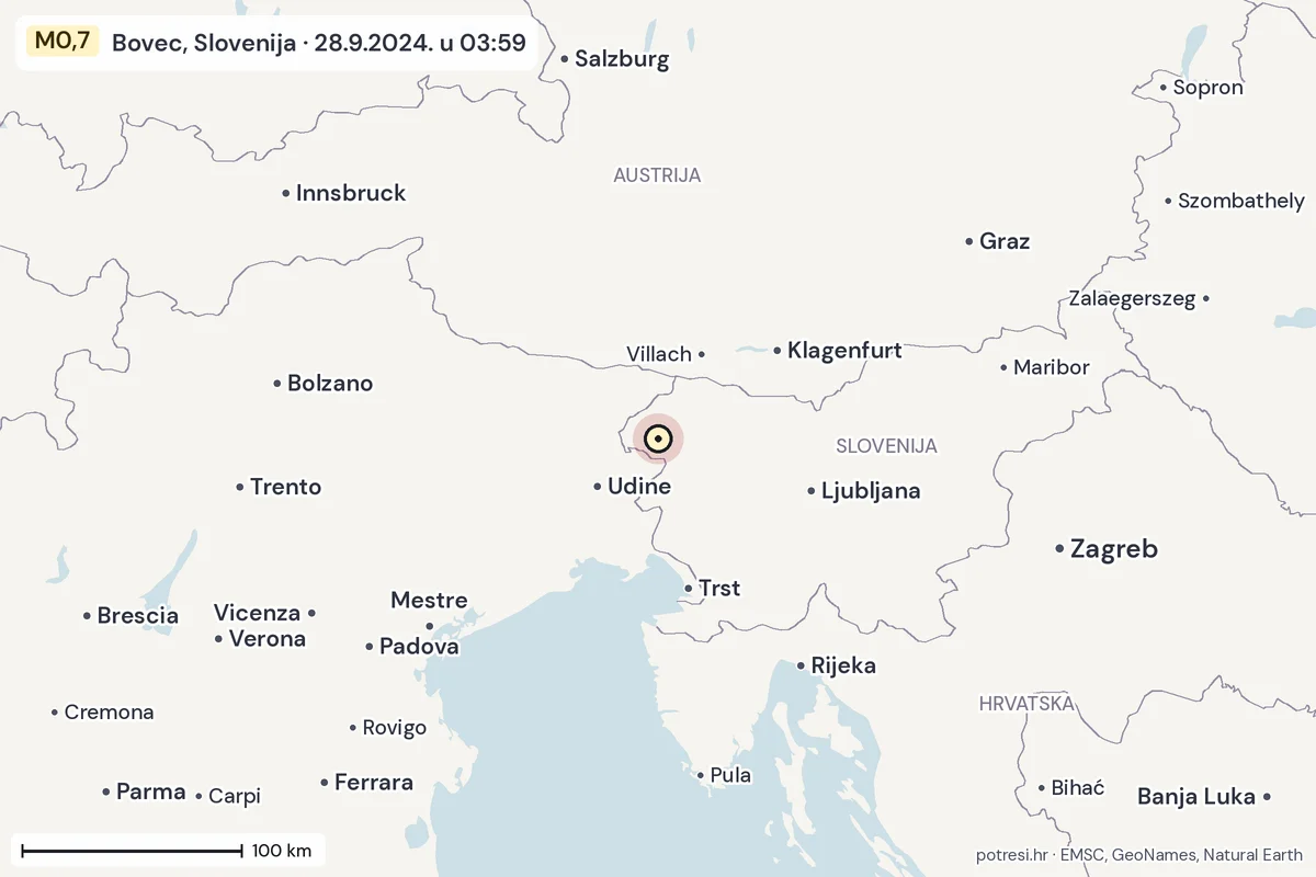 Karta: šire područje, 600 km, potres M0,7, Bovec, Slovenija, 28.9.2024.