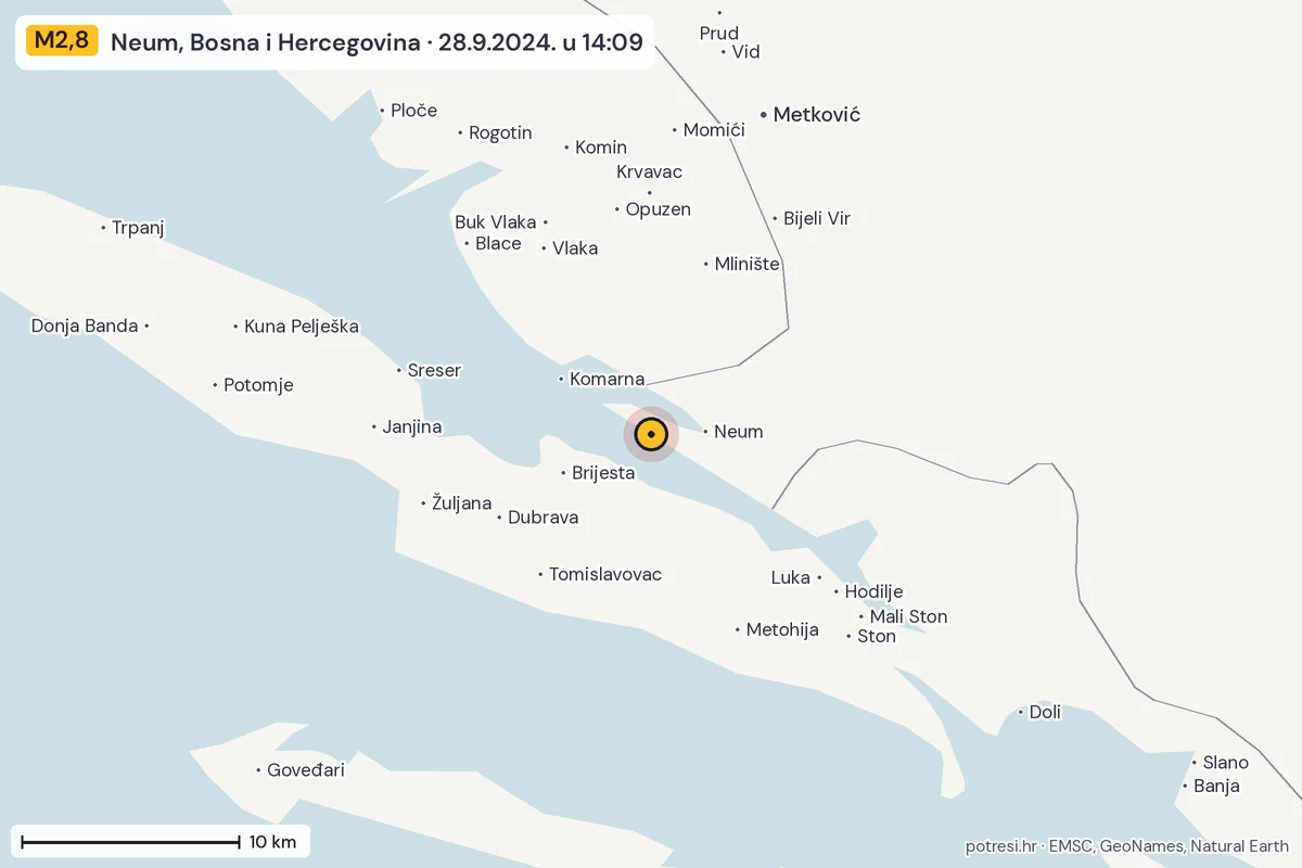 Karta: okolica epicentra, 60 km, potres M2,8, Neum, Bosna i Hercegovina, 28.9.2024.