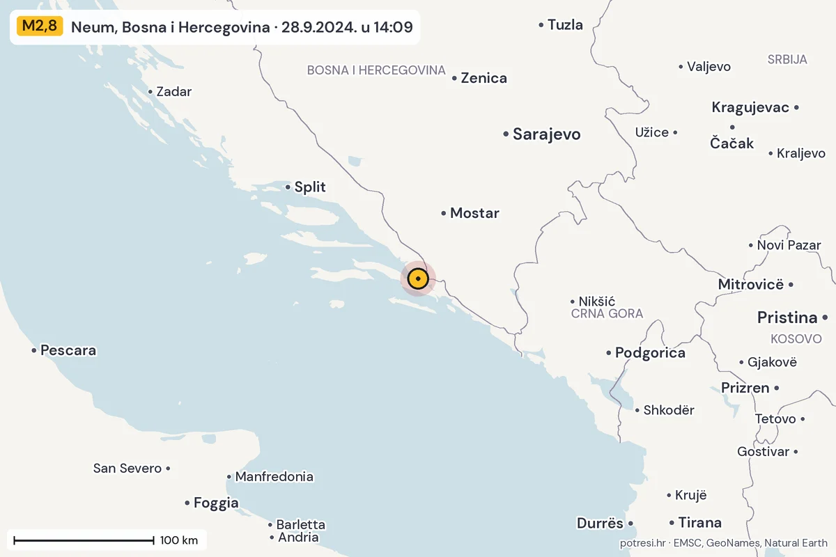 Karta: šire područje, 600 km, potres M2,8, Neum, Bosna i Hercegovina, 28.9.2024.