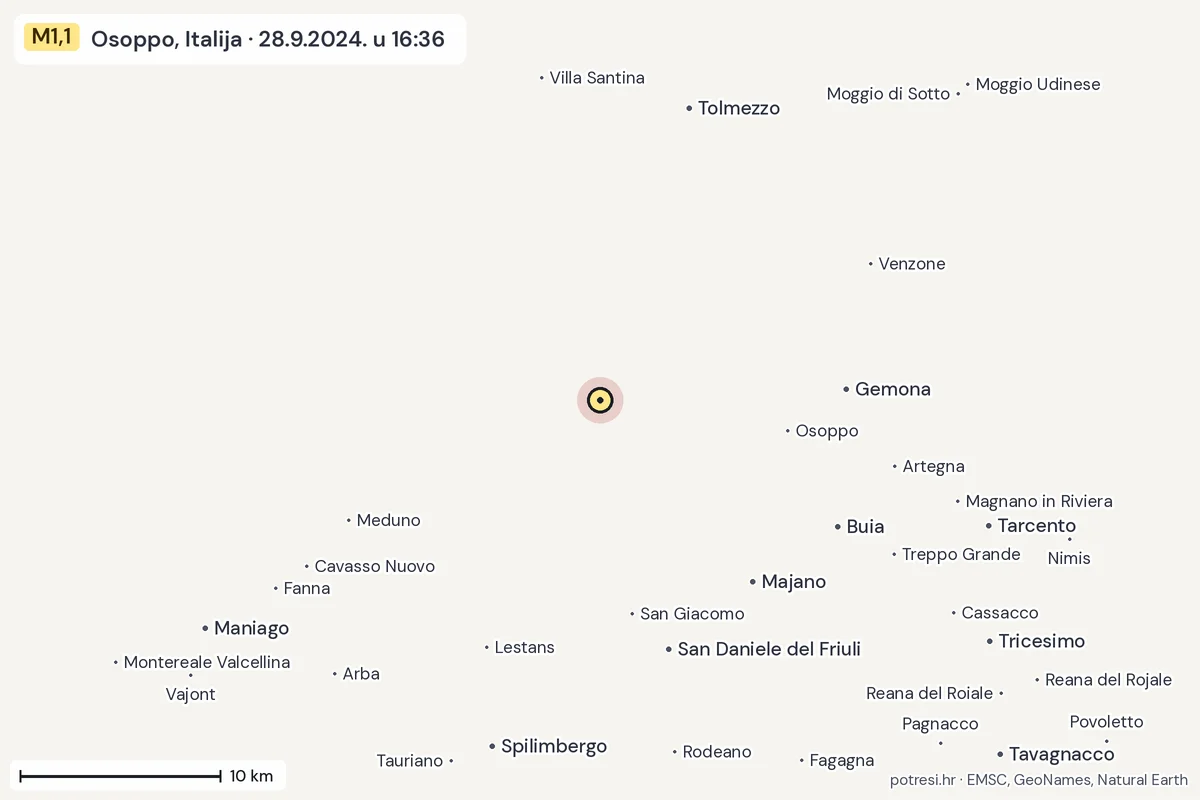 Karta: okolica epicentra, 60 km, potres M1,1, Osoppo, Italija, 28.9.2024.